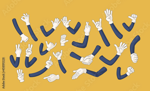Comic gloved arms set. Comic retro hands in gloves hand character shows gestures relax, call me, stop, class, peace, ok, fist, attention, handshake, showing numbers symbol doodle line art