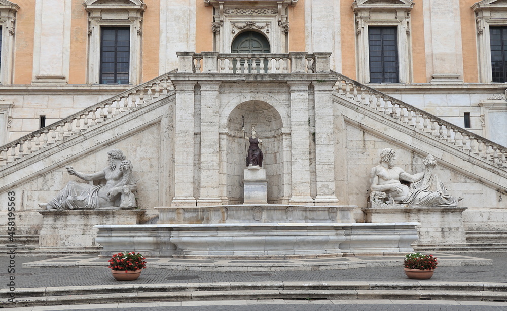 Campidoglio Square Architecture Detail with Balustrade, Stairs, Statues and Fountain of Rome's Goddess in Rome, Italy