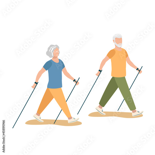 An elderly man and woman practice Nordic walking. Elderly people play sports and lead an active lifestyle. Vector illustration in a flat style on a white background.