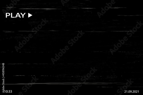 Glitch VHS effect. Old camera template. White horizontal lines on black background. Video rewind texture. No signal concept. Random abstract distortions.