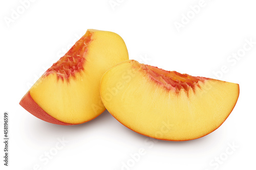 Ripe peach slices isolated on white background with clipping path and full depth of field