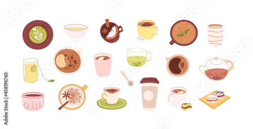 Coffee and tea in cups  mugs  bowls and teapot. Hot healthy drinks and winter warming beverages set. Fresh latte  matcha  cocoa  cappuccino. Flat vector illustration isolated on white background