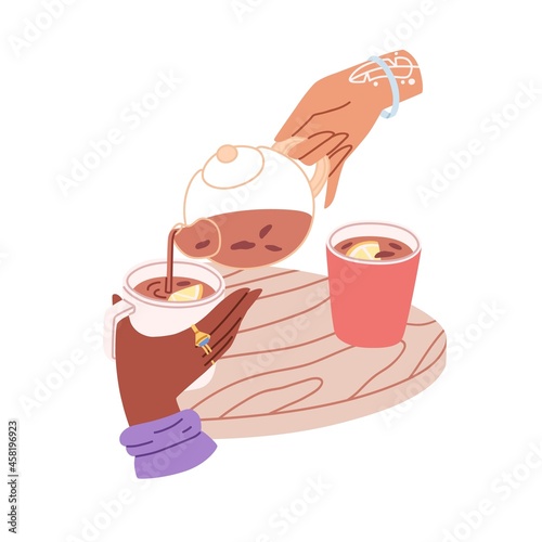 Elegant hand pouring hot English black tea from glass teapot into mug with lemon slice. Teacups for teatime. Cups of warm drink on table. Flat vector illustration isolated on white background