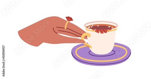 Elegant hand taking hot tea cup from saucer. Noble female fingers holding gold handle of small porcelain teacup with herb leaf. Teatime concept. Flat vector illustration isolated on white background
