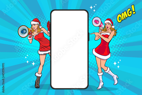 Santa girls hold megaphone announce and big smartphone