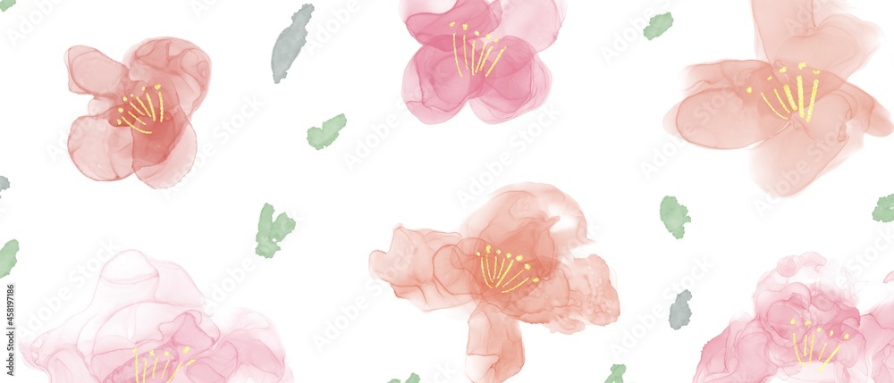 アルコールインクアートのバナー ピンクの舞う花柄 デフォルメ ナチュラル ランダム かわいい 白背景 Stock イラスト Adobe Stock