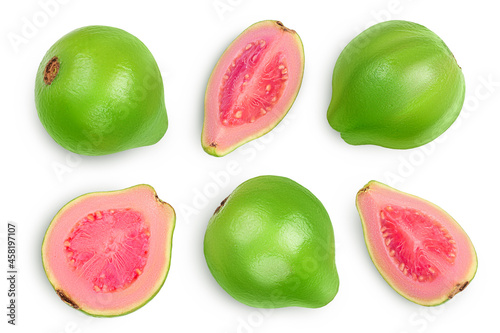 Guava fruit with slices isolated on white background with clipping path and full depth of field. Top view. Flat lay. Set or collection