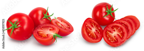 Tomato with half isolated on white background with clipping path and full depth of field. Set or collection