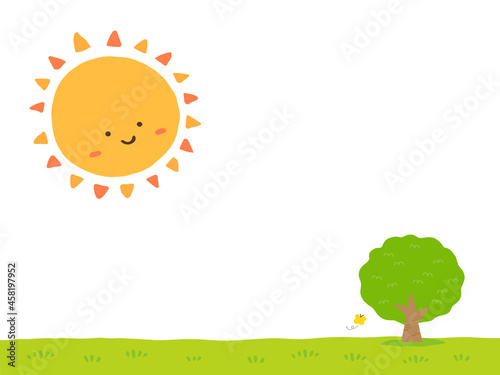 かわいい太陽と木々とちょうちょ／手書きイラスト