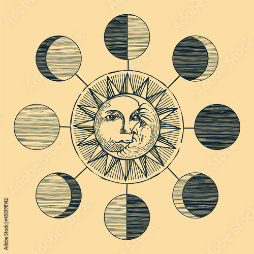 A hand-drawn banner with a circle of lunar phases, the Sun and the moon with human faces on an old paper background. Monochrome vector illustration on a space theme in vintage style