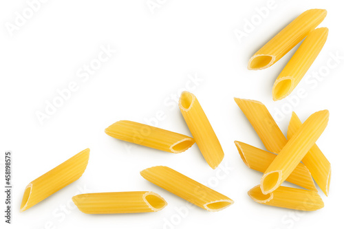Raw italian penne rigate pasta isolated on white background with clipping path. Top view with copy space for your text. Flat lay