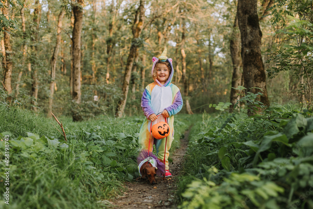 little girl and a dwarf dachshund in Halloween costumes are walking in the forest. girl in a rainbow unicorn kigurumi costume, a dog in a dress with a full skirt. High quality photo little girl and a dwarf dachshund in Halloween costumes are walking in the forest. girl in a rainbow unicorn kigurumi costume, a dog in a dress with a full skirt. High quality photo