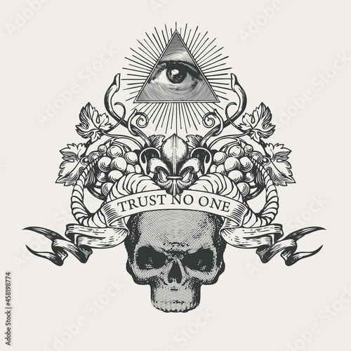 Vector coat of arms with Masonic symbol of All-seeing eye of God, fleur de lis, grapes, rams horns, human skull. Black-white banner in vintage style with eye of Providence and inscription Trust no one
