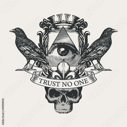 Hand-drawn Coat of arms with All-seeing eye, knightly shield, crown, fleur de lis, black ravens, sinister human skull and inscription Trust no one. Black-white vector banner or emblem in vintage style