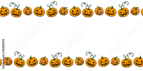Background, frame for Halloween. Horizontal top and bottom edging, border of festive elements and characters - Jack lantern, pumpkin. Background for greeting card, invitation, party poster, banner