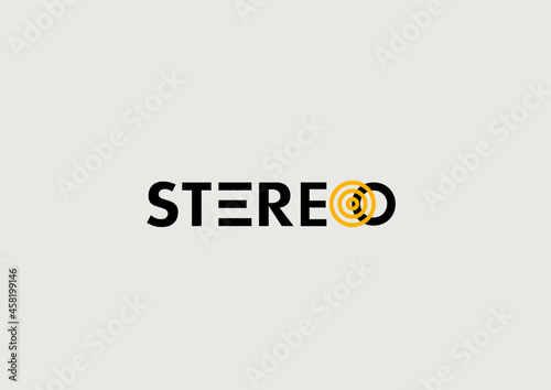 Music sound identity isolated vector logo. Stereo text logotype with a graphic circle element 