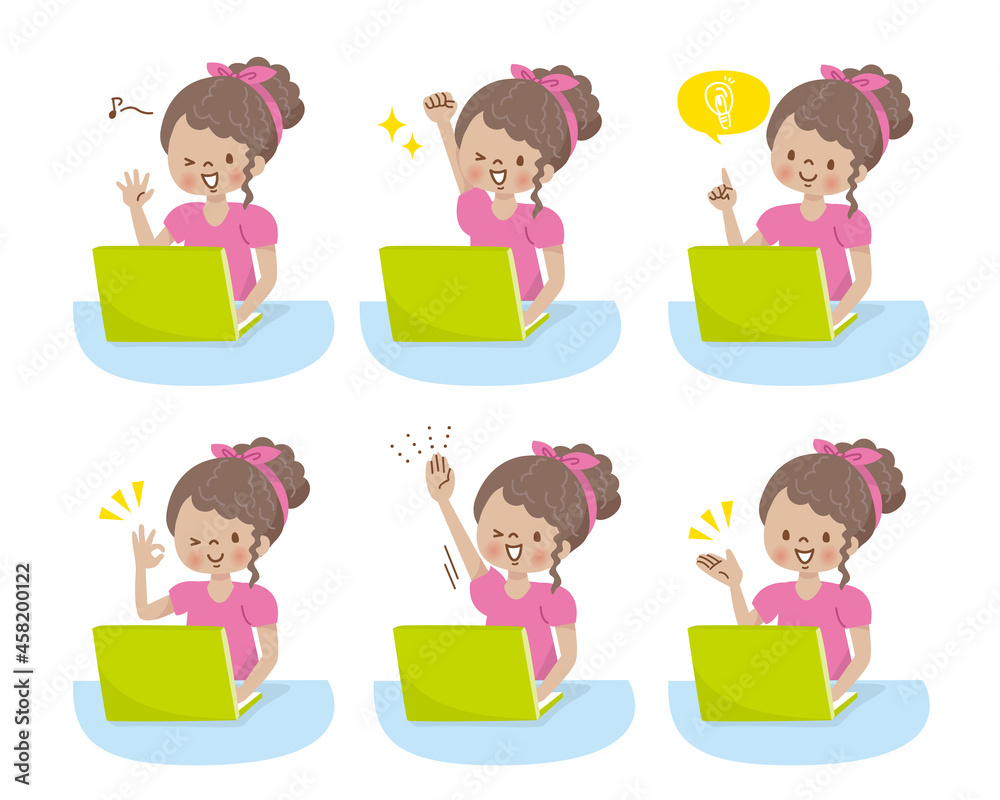 パソコンを操作する黒人の女の子,.ポジティブな表情セット