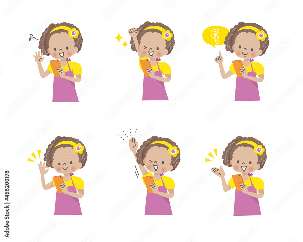 スマホを操作する黒人の女の子,ポジティブな表情セット