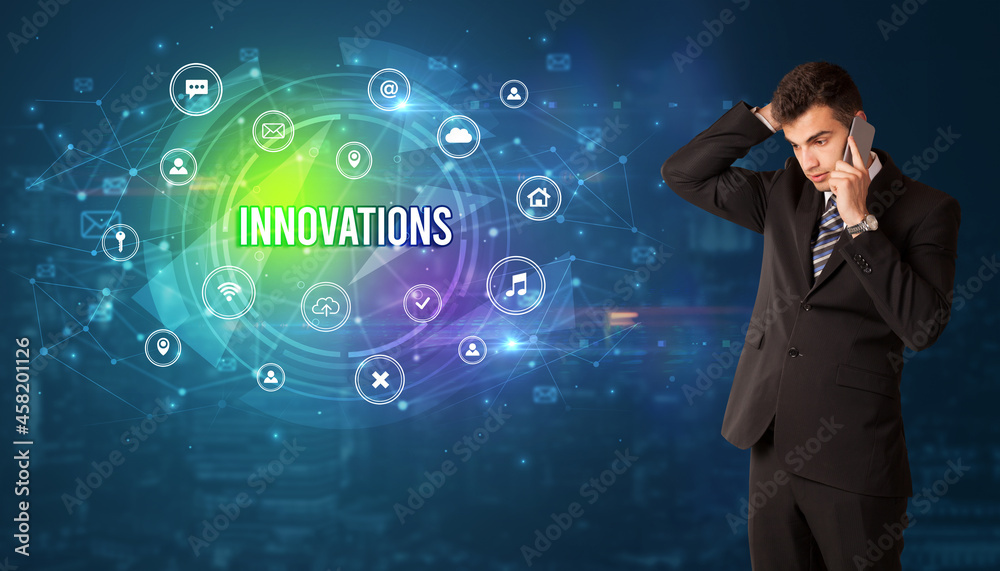 Businessman thinking about modern technology Businessman thinking about modern technology