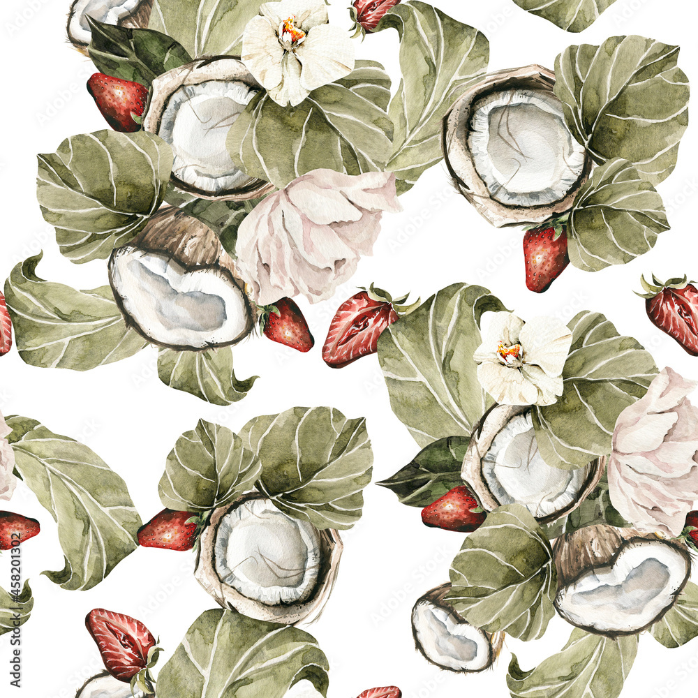 Naklejka premium Watercolor floral seamless pattern. Hand painted ranunculus, pink peonies bouquet. Flower, leaves isolated on white background. Botanical illustration for textile, print, digital paper