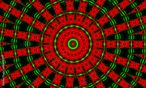 Kaleidoscope in christmas colors of red and green. Happy christmas 2022 pattern.