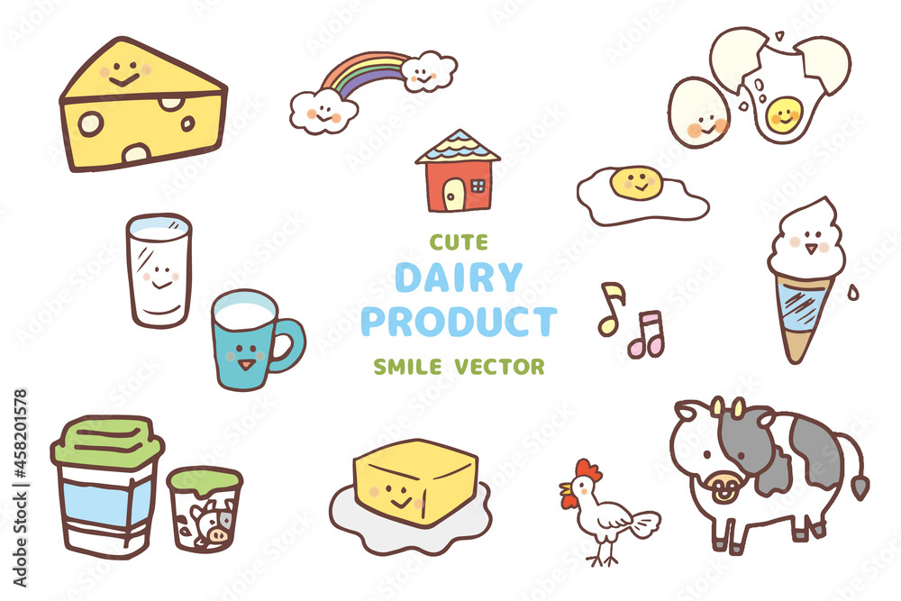 Cute Dairy Products smiling hand drawing colorful vector. Healthy food.