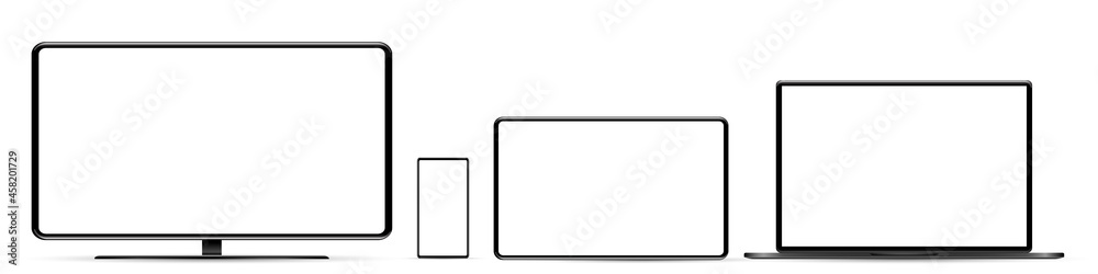 Device screen mockup. Smartphone, tablet, laptop and monoblock monitor, with blank screen for you design. PNG. Device screen mockup. Smartphone, tablet, laptop and monoblock monitor, with blank screen for you design. PNG.