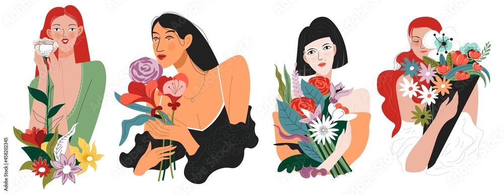 Women with bouquets, presents for holidays vector