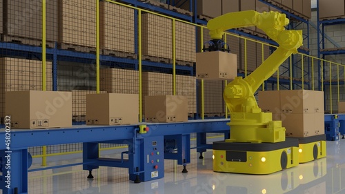Factory 4.0 concept: The collaboration of industrial robot and AGV (Automated guided vehicle) in smart warehouse. 3D illustration