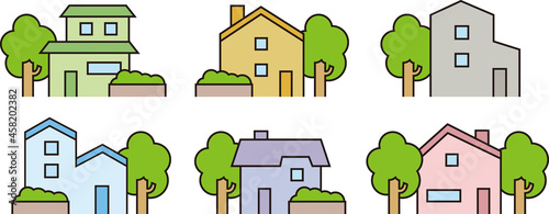 色々な形の家、戸建て、一軒家(線画カラー)