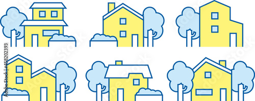色々な形の家、戸建て、一軒家(黄色と水色)