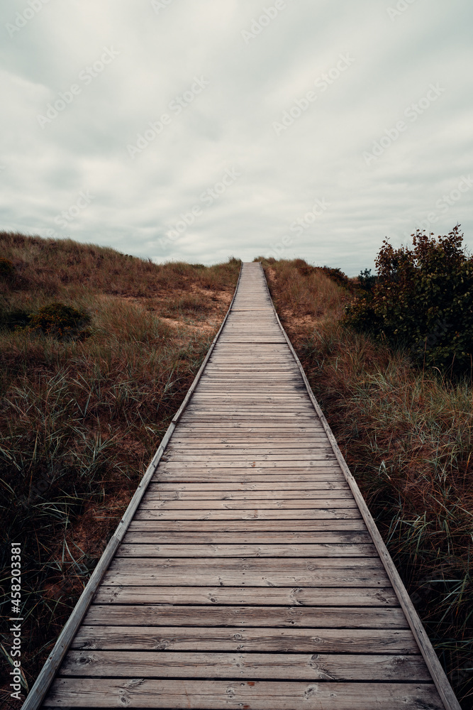 Wooden pathway leading to the famous Tylosand beach on the Swedish west coast. High resolution photo.