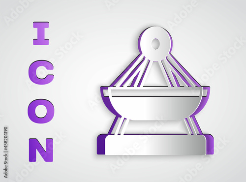 Paper cut Boat swing icon isolated on grey background. Childrens entertainment playground. Attraction riding ship, swinging boat. Amusement park. Paper art style. Vector