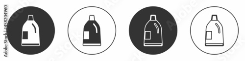 Black Plastic bottle for laundry detergent, bleach, dishwashing liquid or another cleaning agent icon isolated on white background. Circle button. Vector