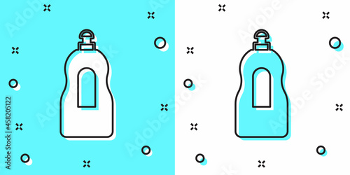 Black line Dishwashing liquid bottle icon isolated on green and white background. Liquid detergent for washing dishes. Random dynamic shapes. Vector