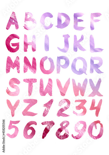 hand drawn colorful watercolor multicolor font type. handwritten multicolored mottled doodle abc english alphabet with letters, numbers and symbol on white background. Violet and purple gradient