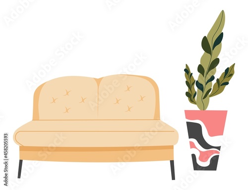 Sofa and houseplant in pot, interior design vector
