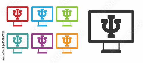 Black Online psychological counseling distance icon isolated on white background. Psychotherapy, psychological help, psychiatrist online consulting. Set icons colorful. Vector