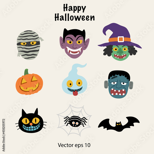 Set of halloween icons include of many monster character such as mummy dracula witch pumpkin and frankenstein.
