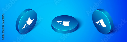 Isometric Skate park icon isolated on blue background. Set of ramp, roller, stairs for a skatepark. Extreme sport. Blue circle button. Vector