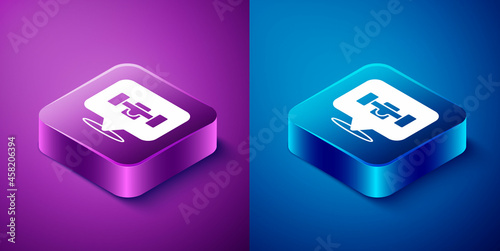 Isometric Skateboard wheel icon isolated on blue and purple background. Skateboard suspension. Skate wheel. Square button. Vector