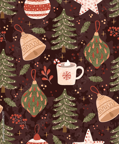 Vector seamless pattern with colorful illustrations of Christmas items. Use it for textile print, pattern fills, web page, wrapping paper, design of presentation and other graphic design