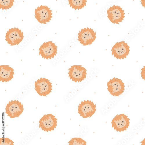 Seamless pattern with cute animal faces. The muzzle of a lion on a white background. Vector for textiles and poster design, kids' clothing