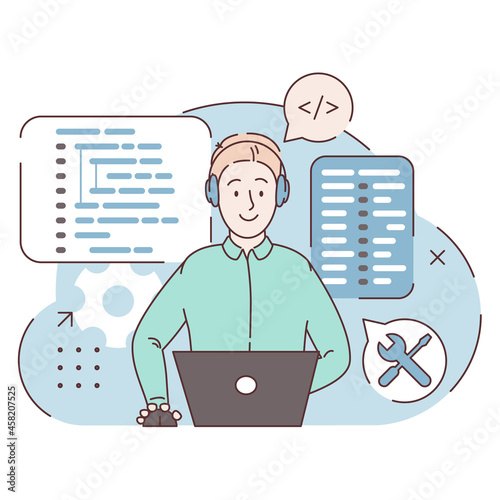 Concept of script coding, programming. A programming language. Programmer working on web development on computer. Software developers. Workplace of the programmer. Flat vector illustrations