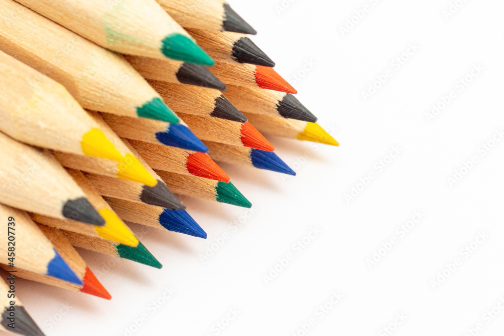 Colour pencils isolated on white background.closeup.Colored pencils background. Color pencils on white background.Copy space. Colour pencils isolated on white background.closeup.Colored pencils background. Color pencils on white background.Copy space.