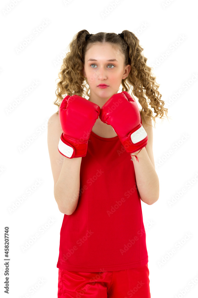 Portrait of girl fighting in red boxing gloves Portrait of girl fighting in red boxing gloves
