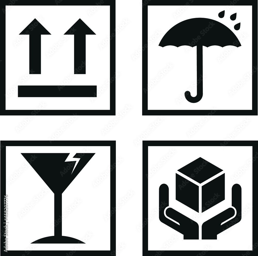 Fragile package icons set, handle with care logistics and delivery shipping  labels. Fragile package hands and box, umbrella and glass, this side up box  warning vector signs Stock Vector | Adobe Stock