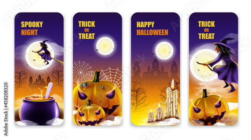 Happy Halloween background with night cloud, witch and pumpkin.