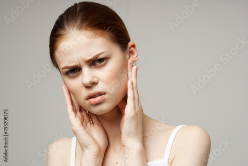 sick woman ear pain otitis media health problems infection studio treatment