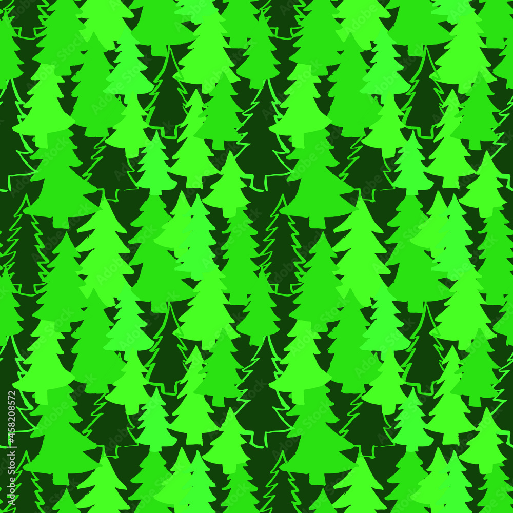 Vector pattern green Christmas trees. For printing on fabric. Pattren coniferous forest.